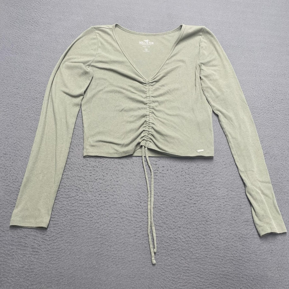 Hollister Shirt Juniors Medium Green V Neck Ruched Front Cropped Long Sleeve Tee